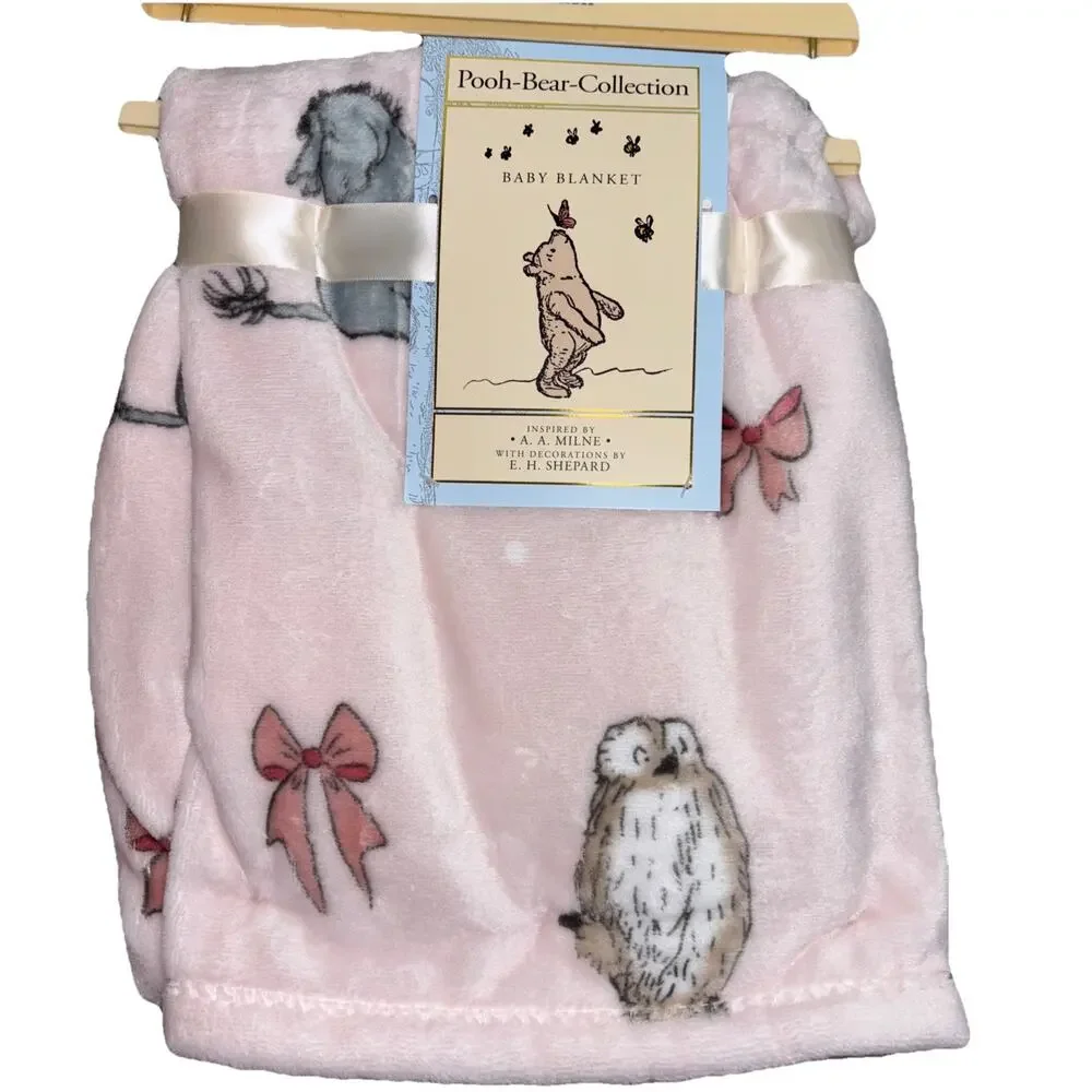 Winnie The Pooh Bear Collection Baby Blanket Blush Pink Bows Eeyore Owl Piglet